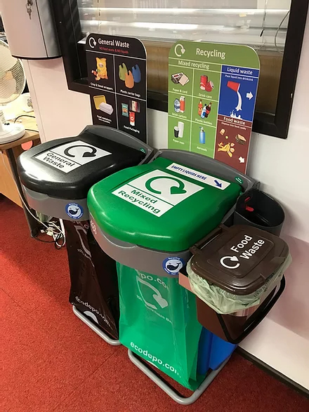 Recycling bins, general waste & mixed recycling & food waste in a work corridor - EcoDepo
