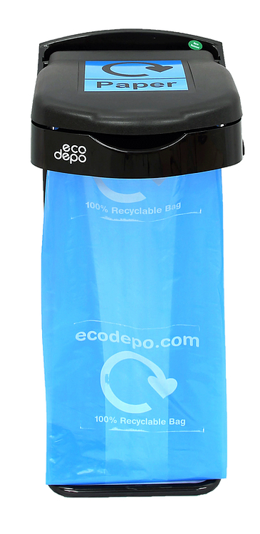 Paper Recycling bin with black lid and label with optional signage, bin has a capacity of 105 litres, height is 125cm
