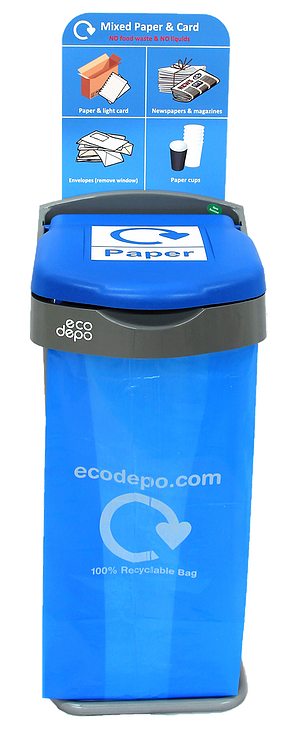 Paper Recycling bin with coloured lid and label with optional signage, bin has a capacity of 105 litres, height is 125cm