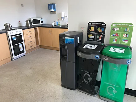 General waste & mixed Recycling bins in work kitchen