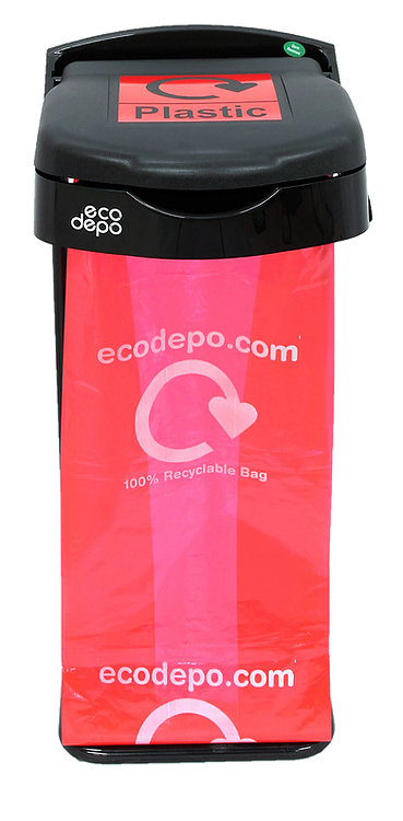 Plastic Recycling bin with black lid and label with optional signage, bin has a capacity of 105 litres, height is 125cm