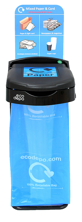 Paper Recycling bin with black lid and label with optional signage, bin has a capacity of 105 litres, height is 125cm