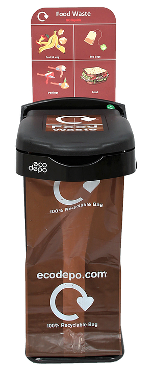 Food waste Recycling bin with black lid and label with optional signage, bin has a capacity of 105 litres, height is 125cm