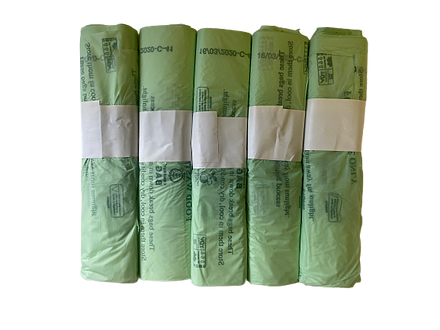 5 rolls of 10 litre compostable bags for lining a compost caddy or bin, fully compliant with European standards EN13433