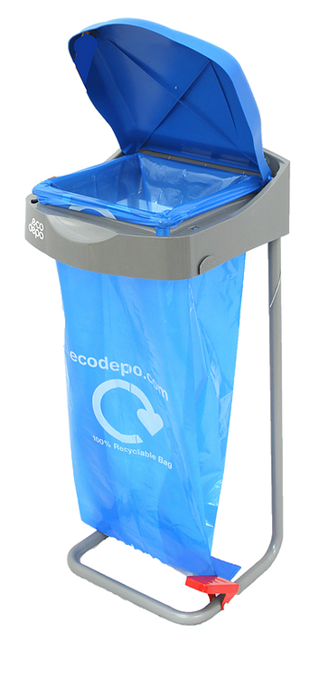 Recycling or general waste bin opens with the push of a pedal, for offices and warehouses, capacity of the bag is 105 litres