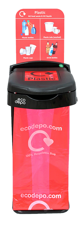 Plastic Recycling bin with black lid and label with optional signage, bin has a capacity of 105 litres, height is 125cm