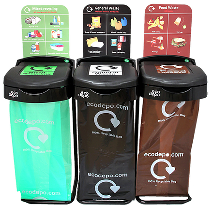 Recycling bin station - 2 or 3 recycling bin station to collect multiple recycling streams or general waste, each bin has a capacity of 105 litres