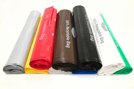 Recycling bin liner sacks come in 9 colours. Boxed in 200 and they are 100% recyclable, reusable and capacity is 105 litres